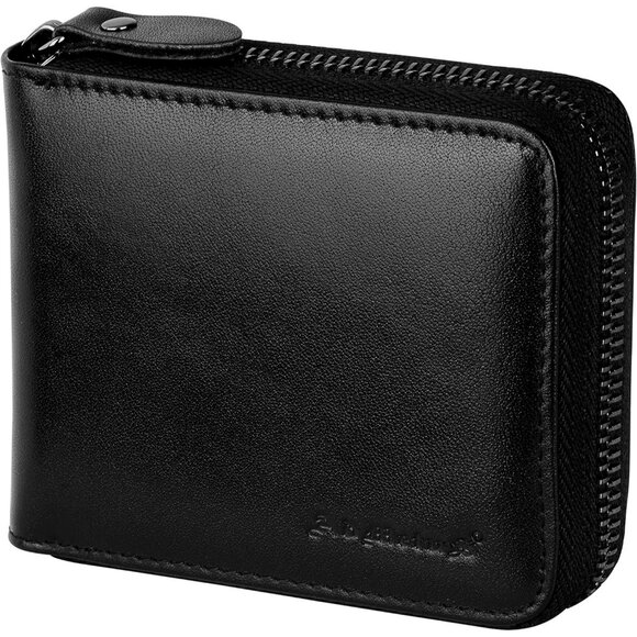 Men's Genuine Leather Black-19 Short Zip Around Pockets Bifold Wallet Card